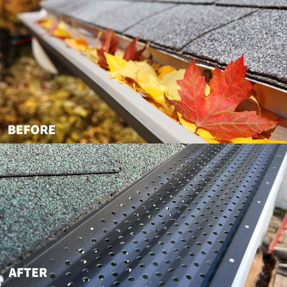 Before and after of a rain gutter clogged with leaves then completely cleaned out with gutter guards installed